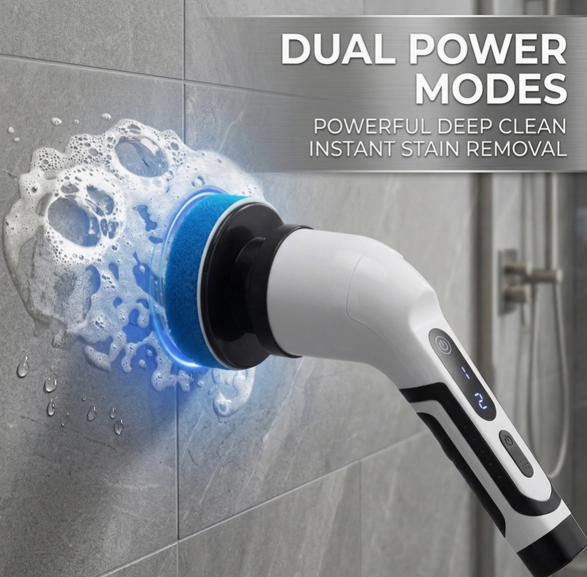 Electric Spin Scrubber with Adjustable Extension Handle & Multiple Brush Heads
