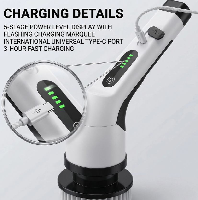 Electric Spin Scrubber with Adjustable Extension Handle & Multiple Brush Heads